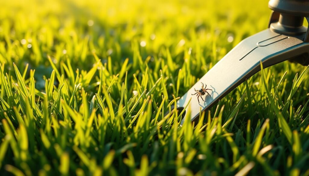 A lush, well-manicured lawn with a close-up view of a tick being exterminated by a lawn mower blade. The scene is bathed in warm, golden afternoon sunlight, casting soft shadows across the grass. The lawn appears meticulously maintained, with vibrant green blades and a hint of dew reflecting the light. In the foreground, a single tick is visible, its dark body contrasting against the verdant lawn, about to be cut down by the sharp metal blade of the mower. The focus is sharp, drawing the viewer's attention to the precise moment of tick elimination, symbolizing the effectiveness of regular lawn mowing in controlling tick populations. A lush, well-manicured lawn with a close-up view of a tick being exterminated by a lawn mower blade. The scene is bathed in warm, golden afternoon sunlight, casting soft shadows across the grass. The lawn appears meticulously maintained, with vibrant green blades and a hint of dew reflecting the light. In the foreground, a single tick is visible, its dark body contrasting against the verdant lawn, about to be cut down by the sharp metal blade of the mower. The focus is sharp, drawing the viewer's attention to the precise moment of tick elimination, symbolizing the effectiveness of regular lawn mowing in controlling tick populations.