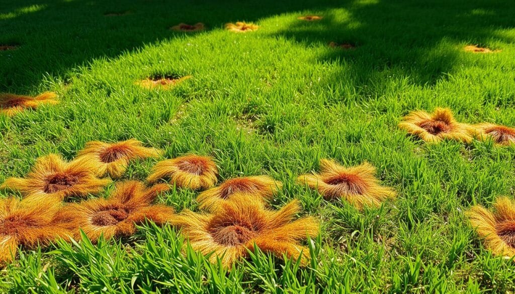 A lush, well-manicured lawn with unsightly brown and yellow patches, as if affected by a persistent fungal disease. The foreground features the diseased areas in vivid detail, with splotches of discoloration and dying grass blades. In the middle ground, the healthy green grass contrasts sharply, emphasizing the extent of the problem. The lighting is soft and natural, creating subtle shadows that accentuate the texture and topography of the lawn. The overall mood is one of concern, hinting at the challenges of maintaining a healthy, thriving lawn during wet conditions. A lush, well-manicured lawn with unsightly brown and yellow patches, as if affected by a persistent fungal disease. The foreground features the diseased areas in vivid detail, with splotches of discoloration and dying grass blades. In the middle ground, the healthy green grass contrasts sharply, emphasizing the extent of the problem. The lighting is soft and natural, creating subtle shadows that accentuate the texture and topography of the lawn. The overall mood is one of concern, hinting at the challenges of maintaining a healthy, thriving lawn during wet conditions.