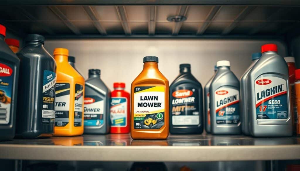 A neatly organized shelf in a well-lit garage, displaying various oil bottles and cans. In the center, a prominent bottle of "Lawn Mower Oil" stands out, its label clearly visible. The surrounding bottles are labeled with different car oil types, creating a contrast and highlighting the specific lawn mower oil. The image has a clean, professional aesthetic, with a slight reflection on the shelf surface, conveying a sense of quality and attention to detail. The lighting is warm and natural, creating a inviting atmosphere, as if the viewer is browsing the garage's well-stocked shelves. A neatly organized shelf in a well-lit garage, displaying various oil bottles and cans. In the center, a prominent bottle of "Lawn Mower Oil" stands out, its label clearly visible. The surrounding bottles are labeled with different car oil types, creating a contrast and highlighting the specific lawn mower oil. The image has a clean, professional aesthetic, with a slight reflection on the shelf surface, conveying a sense of quality and attention to detail. The lighting is warm and natural, creating a inviting atmosphere, as if the viewer is browsing the garage's well-stocked shelves.