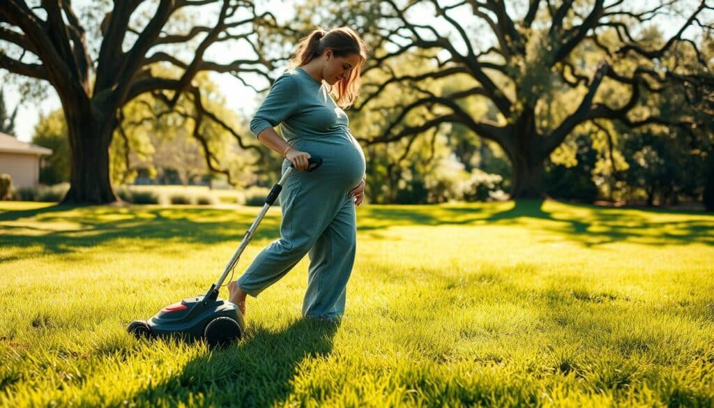 A pregnant woman meticulously mowing her lush, verdant lawn on a bright, sunny afternoon. The warm sunlight casts a soft, diffused glow across the scene, highlighting the woman's gentle movements as she guides the electric lawnmower over the grass. In the background, mature oak trees sway gently in a light breeze, their dappled shadows dancing across the ground. The woman wears a loose, comfortable maternity outfit, her rounded belly clearly visible as she focuses intently on her task. The air is crisp and fresh, conveying a sense of tranquility and mindfulness to the overall image. A pregnant woman meticulously mowing her lush, verdant lawn on a bright, sunny afternoon. The warm sunlight casts a soft, diffused glow across the scene, highlighting the woman's gentle movements as she guides the electric lawnmower over the grass. In the background, mature oak trees sway gently in a light breeze, their dappled shadows dancing across the ground. The woman wears a loose, comfortable maternity outfit, her rounded belly clearly visible as she focuses intently on her task. The air is crisp and fresh, conveying a sense of tranquility and mindfulness to the overall image.