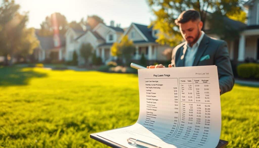 A pristine suburban lawn with lush, emerald grass stretches out under a warm, golden afternoon sun. In the foreground, a neatly folded price list sits atop a clipboard, its columns detailing various lawn care service packages and their corresponding rates. In the middle ground, a savvy, well-groomed lawn care professional examines the list, carefully considering pricing strategies that balance competitive rates with the true value of their expert services. The background features a row of well-maintained homes, their manicured yards hinting at the local demand for high-quality lawn care. The overall scene conveys an atmosphere of calculated professionalism, where the lawn care provider strives to find the sweet spot between market forces and their own pricing psychology. A pristine suburban lawn with lush, emerald grass stretches out under a warm, golden afternoon sun. In the foreground, a neatly folded price list sits atop a clipboard, its columns detailing various lawn care service packages and their corresponding rates. In the middle ground, a savvy, well-groomed lawn care professional examines the list, carefully considering pricing strategies that balance competitive rates with the true value of their expert services. The background features a row of well-maintained homes, their manicured yards hinting at the local demand for high-quality lawn care. The overall scene conveys an atmosphere of calculated professionalism, where the lawn care provider strives to find the sweet spot between market forces and their own pricing psychology.