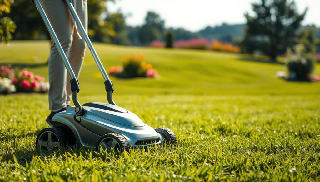 A sturdy, electric lawn mower standing prominently in the foreground, its sleek silver body gleaming under a soft, diffused lighting. The mower's sharp, serrated blades are poised, ready to glide effortlessly through the lush, verdant grass in the middle ground. In the background, a well-manicured lawn stretches out, dotted with vibrant flowers and a few scattered trees, creating a serene, pastoral atmosphere. The scene conveys a sense of safety and ease, highlighting the mower's user-friendly design and its suitability for expectant mothers navigating their outdoor chores with care and confidence. A sturdy, electric lawn mower standing prominently in the foreground, its sleek silver body gleaming under a soft, diffused lighting. The mower's sharp, serrated blades are poised, ready to glide effortlessly through the lush, verdant grass in the middle ground. In the background, a well-manicured lawn stretches out, dotted with vibrant flowers and a few scattered trees, creating a serene, pastoral atmosphere. The scene conveys a sense of safety and ease, highlighting the mower's user-friendly design and its suitability for expectant mothers navigating their outdoor chores with care and confidence.