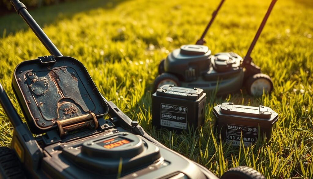 A sun-dappled lawn, the grass gently swaying. In the foreground, a weathered lawn mower sits, its battery compartment open, revealing worn terminals and corrosion. Close-up, the battery's charge indicator shows a drained state, its once-vibrant LED now fading. The middle ground showcases a selection of replacement batteries, their labels highlighting voltage, amperage, and compatibility. In the background, a well-maintained mower stands, its freshly charged battery shining with a healthy glow, ready to tackle the verdant expanse. Warm, golden light filters through the scene, casting soft shadows and a sense of tranquility, hinting at the importance of timely battery replacement for reliable lawn care. A sun-dappled lawn, the grass gently swaying. In the foreground, a weathered lawn mower sits, its battery compartment open, revealing worn terminals and corrosion. Close-up, the battery's charge indicator shows a drained state, its once-vibrant LED now fading. The middle ground showcases a selection of replacement batteries, their labels highlighting voltage, amperage, and compatibility. In the background, a well-maintained mower stands, its freshly charged battery shining with a healthy glow, ready to tackle the verdant expanse. Warm, golden light filters through the scene, casting soft shadows and a sense of tranquility, hinting at the importance of timely battery replacement for reliable lawn care.