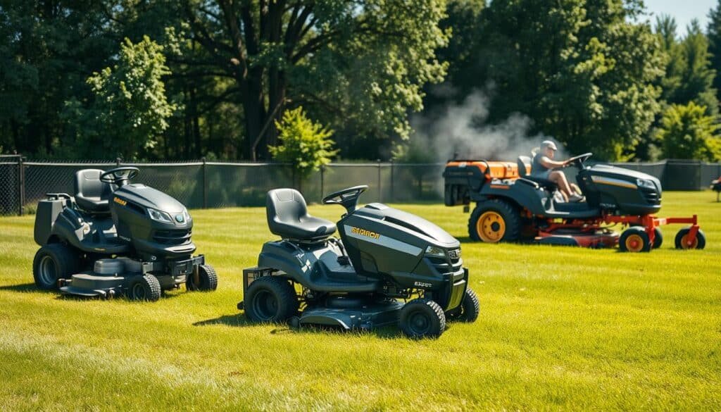 A sunny outdoor scene showcasing various types of riding lawn mowers in a side-by-side comparison. In the foreground, a battery-powered electric mower silently glides across a lush green lawn, its compact motor emitting a soft, unobtrusive hum. In the middle ground, a gas-powered mower chugs along, its engine rumbling with a moderate noise level. In the background, a powerful, commercial-grade diesel mower roars to life, kicking up plumes of exhaust and generating a loud, guttural sound. The image is captured with a wide-angle lens to provide a comprehensive view, with natural lighting illuminating the scene and emphasizing the distinct noise profiles of each mower type. A sunny outdoor scene showcasing various types of riding lawn mowers in a side-by-side comparison. In the foreground, a battery-powered electric mower silently glides across a lush green lawn, its compact motor emitting a soft, unobtrusive hum. In the middle ground, a gas-powered mower chugs along, its engine rumbling with a moderate noise level. In the background, a powerful, commercial-grade diesel mower roars to life, kicking up plumes of exhaust and generating a loud, guttural sound. The image is captured with a wide-angle lens to provide a comprehensive view, with natural lighting illuminating the scene and emphasizing the distinct noise profiles of each mower type.