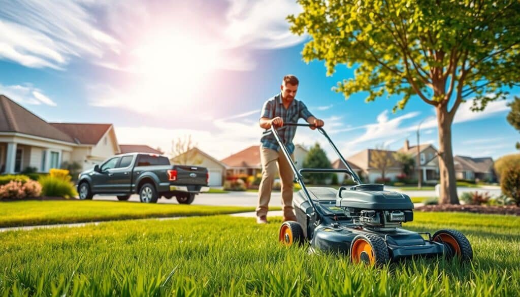 A vibrant and detailed outdoor scene depicting lawn care services. In the foreground, a well-maintained residential lawn with lush, neatly trimmed grass, and a person operating a modern push lawn mower, their focused expression visible. In the middle ground, a pickup truck with landscaping equipment and supplies parked by the curb. In the background, a picturesque suburban neighborhood with well-kept homes, trees, and a clear blue sky above, illuminated by warm, natural sunlight filtering through wispy clouds. The overall mood is one of a professional, efficient, and tidy lawn care service at work, reflecting the simple answer to the question "Do You Need a Permit to Mow Lawns?". A vibrant and detailed outdoor scene depicting lawn care services. In the foreground, a well-maintained residential lawn with lush, neatly trimmed grass, and a person operating a modern push lawn mower, their focused expression visible. In the middle ground, a pickup truck with landscaping equipment and supplies parked by the curb. In the background, a picturesque suburban neighborhood with well-kept homes, trees, and a clear blue sky above, illuminated by warm, natural sunlight filtering through wispy clouds. The overall mood is one of a professional, efficient, and tidy lawn care service at work, reflecting the simple answer to the question "Do You Need a Permit to Mow Lawns?".