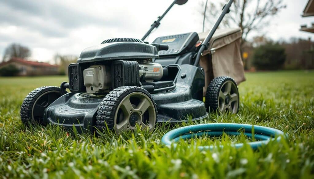 A well-equipped lawn mower sits on a lush, dewy grass lawn. The mower's wheels are outfitted with mud flaps, protecting against splatter. The engine is covered with a weatherproof housing, and the air filter is sealed to prevent water intrusion. Sunlight filters through overcast skies, casting a soft, even illumination on the scene. In the foreground, a garden hose lies coiled, ready to rinse off the mower after the task is complete. The overall atmosphere conveys a sense of preparedness and care in tackling the challenge of mowing wet conditions. A well-equipped lawn mower sits on a lush, dewy grass lawn. The mower's wheels are outfitted with mud flaps, protecting against splatter. The engine is covered with a weatherproof housing, and the air filter is sealed to prevent water intrusion. Sunlight filters through overcast skies, casting a soft, even illumination on the scene. In the foreground, a garden hose lies coiled, ready to rinse off the mower after the task is complete. The overall atmosphere conveys a sense of preparedness and care in tackling the challenge of mowing wet conditions.