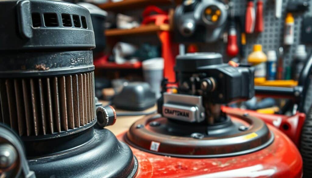 A well-lit and detailed close-up shot of a Craftsman lawn mower's air filter, spark plug, and maintenance tools in the foreground. In the middle ground, a partially disassembled lawn mower engine with visible components. The background features a neatly organized workbench with various lawn mower repair and maintenance supplies. The overall scene conveys a sense of diligence and care, highlighting the importance of proper lawn mower maintenance for optimal performance. A well-lit and detailed close-up shot of a Craftsman lawn mower's air filter, spark plug, and maintenance tools in the foreground. In the middle ground, a partially disassembled lawn mower engine with visible components. The background features a neatly organized workbench with various lawn mower repair and maintenance supplies. The overall scene conveys a sense of diligence and care, highlighting the importance of proper lawn mower maintenance for optimal performance.