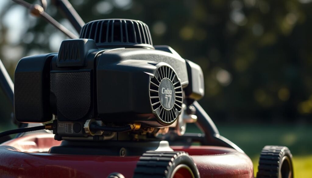A well-lit, close-up photograph of a gas-powered lawn mower against a blurred outdoor background. The mower's engine is running, with a clear emphasis on the exhaust pipe and air intake, conveying a sense of the machinery's power and noise output. The lighting should create dramatic shadows and highlights, accentuating the mower's complex mechanical details. The overall composition should draw the viewer's attention to the key factors affecting the lawn mower's decibel levels, such as engine size, blade speed, and airflow. A well-lit, close-up photograph of a gas-powered lawn mower against a blurred outdoor background. The mower's engine is running, with a clear emphasis on the exhaust pipe and air intake, conveying a sense of the machinery's power and noise output. The lighting should create dramatic shadows and highlights, accentuating the mower's complex mechanical details. The overall composition should draw the viewer's attention to the key factors affecting the lawn mower's decibel levels, such as engine size, blade speed, and airflow.