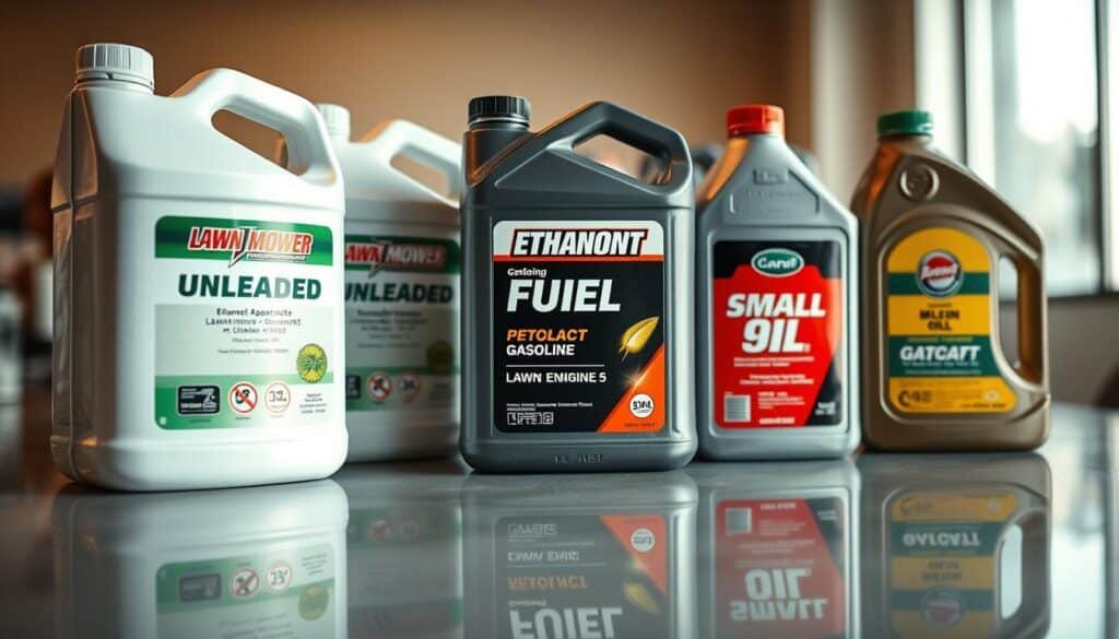 A well-lit, close-up photograph of various lawn mower fuel options, including containers of unleaded gasoline, ethanol-blended fuel, and small engine oil. The containers are arranged neatly on a clean, reflective tabletop, capturing the details of their labels, caps, and textures. The lighting is soft and even, creating a professional, informative atmosphere. The depth of field is shallow, keeping the fuel containers in sharp focus while blurring the background, directing the viewer's attention to the subject. The overall composition is balanced and visually appealing, showcasing the different fuel types in a clear and organized manner.