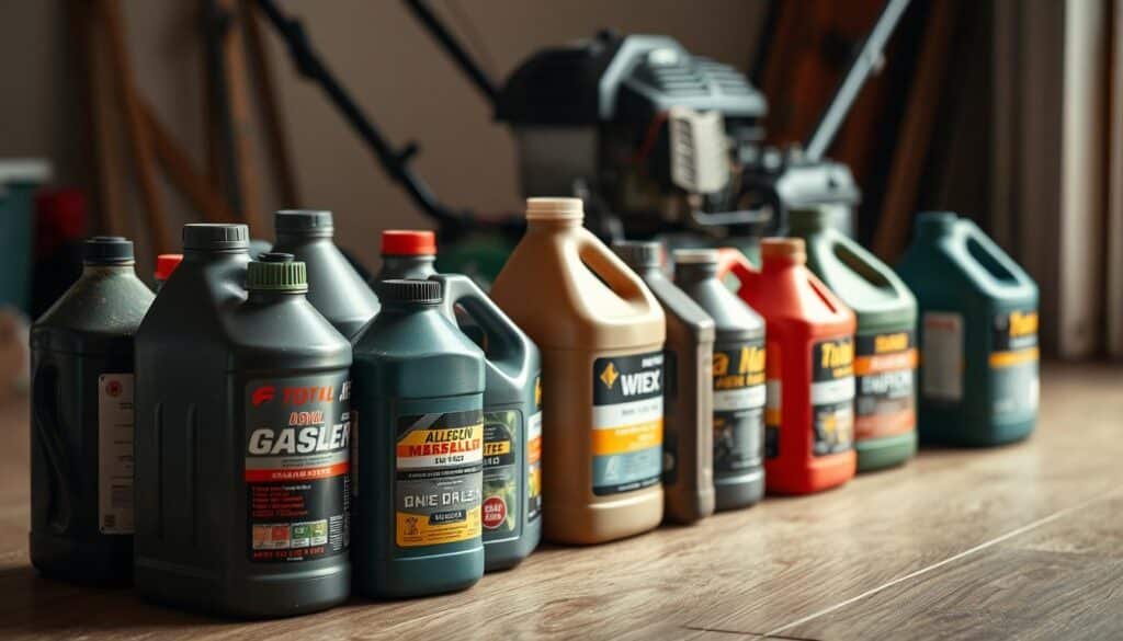 A well-lit close-up photograph of various types of gasoline fuel canisters and jugs, arranged neatly on a wooden surface. The canisters should be in the foreground, showcasing their labels, colors, and fuel levels. In the middle ground, a lawn mower or garden equipment should be visible, hinting at the intended use of the fuel. The background should be a simple, uncluttered setting, allowing the fuel canisters to be the focal point of the image. The lighting should be soft and natural, highlighting the textures and details of the fuel containers. The overall mood should convey a sense of utility and practicality, reflecting the purpose of the fuel in the context of lawn mower maintenance. A well-lit close-up photograph of various types of gasoline fuel canisters and jugs, arranged neatly on a wooden surface. The canisters should be in the foreground, showcasing their labels, colors, and fuel levels. In the middle ground, a lawn mower or garden equipment should be visible, hinting at the intended use of the fuel. The background should be a simple, uncluttered setting, allowing the fuel canisters to be the focal point of the image. The lighting should be soft and natural, highlighting the textures and details of the fuel containers. The overall mood should convey a sense of utility and practicality, reflecting the purpose of the fuel in the context of lawn mower maintenance.