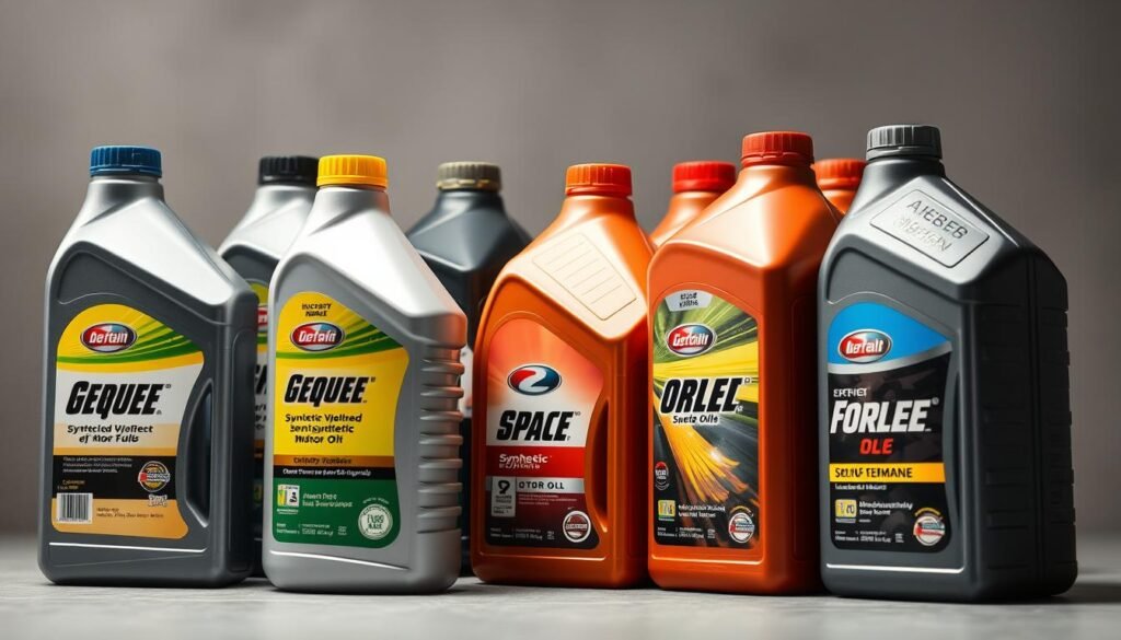 A well-lit close-up shot of various types of engine oils commonly used in lawn mowers, including synthetic, semi-synthetic, and conventional motor oils, displayed on a clean, neutral surface. The oils are arranged in an organized manner, with their labels clearly visible, showcasing their viscosity grades and performance features. The lighting emphasizes the clarity and color of the oils, creating a crisp, professional look that highlights their key characteristics. The overall composition is balanced, with a slight angle to add visual interest, and the depth of field is adjusted to keep the oils in sharp focus while softening the background.