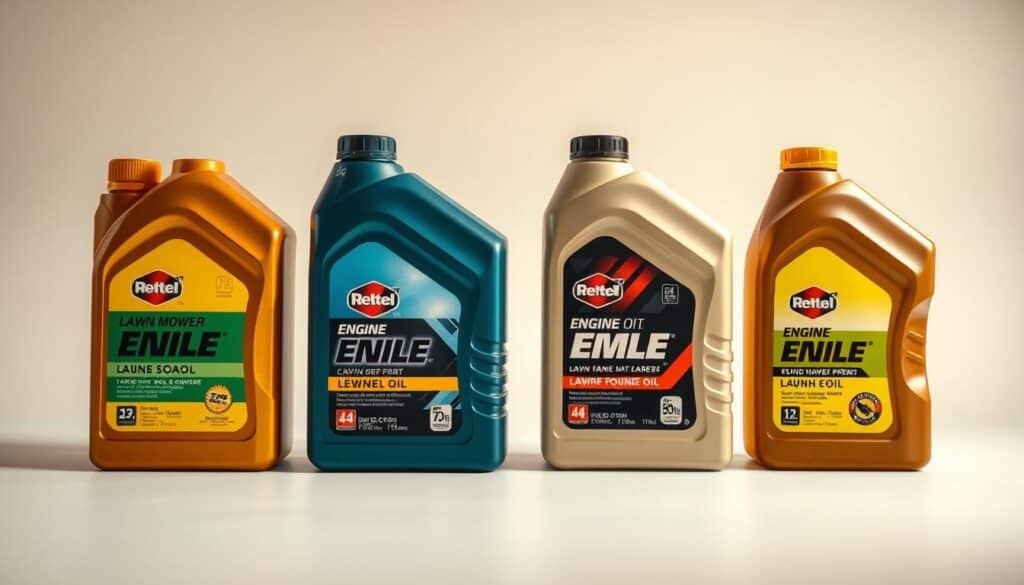 A well-lit closeup of various bottles of lawn mower engine oil, neatly arranged on a clean, neutral background. The bottles feature prominent labels displaying the oil types, viscosities, and other technical specifications. The lighting is soft and diffused, accentuating the sheen and transparency of the oils. The composition is balanced, with the bottles taking up the majority of the frame, allowing the viewer to clearly examine and compare the different oil products. An authoritative, informative mood is conveyed, suitable for an expert guide on lawn mower maintenance. A well-lit closeup of various bottles of lawn mower engine oil, neatly arranged on a clean, neutral background. The bottles feature prominent labels displaying the oil types, viscosities, and other technical specifications. The lighting is soft and diffused, accentuating the sheen and transparency of the oils. The composition is balanced, with the bottles taking up the majority of the frame, allowing the viewer to clearly examine and compare the different oil products. An authoritative, informative mood is conveyed, suitable for an expert guide on lawn mower maintenance.