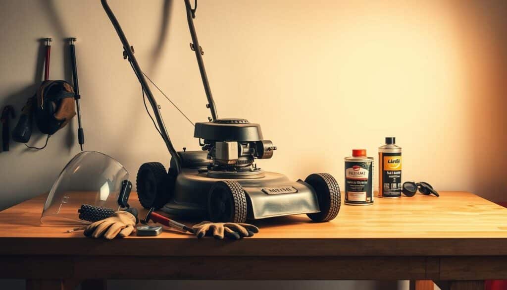 A well-lit, high-resolution photograph of a neatly organized workbench with a classic push lawn mower in the center. The mower's metal frame gleams under warm, directional lighting. Nearby, a set of essential safety tools and equipment is carefully arranged, including a face shield, heavy-duty gloves, eye protection, and a can of fuel stabilizer. The background features a clean, uncluttered space with a white or lightly colored wall, evoking a sense of focus and preparation. The overall mood is one of diligent, safety-conscious preparation before disposing of an old push mower. A well-lit, high-resolution photograph of a neatly organized workbench with a classic push lawn mower in the center. The mower's metal frame gleams under warm, directional lighting. Nearby, a set of essential safety tools and equipment is carefully arranged, including a face shield, heavy-duty gloves, eye protection, and a can of fuel stabilizer. The background features a clean, uncluttered space with a white or lightly colored wall, evoking a sense of focus and preparation. The overall mood is one of diligent, safety-conscious preparation before disposing of an old push mower.