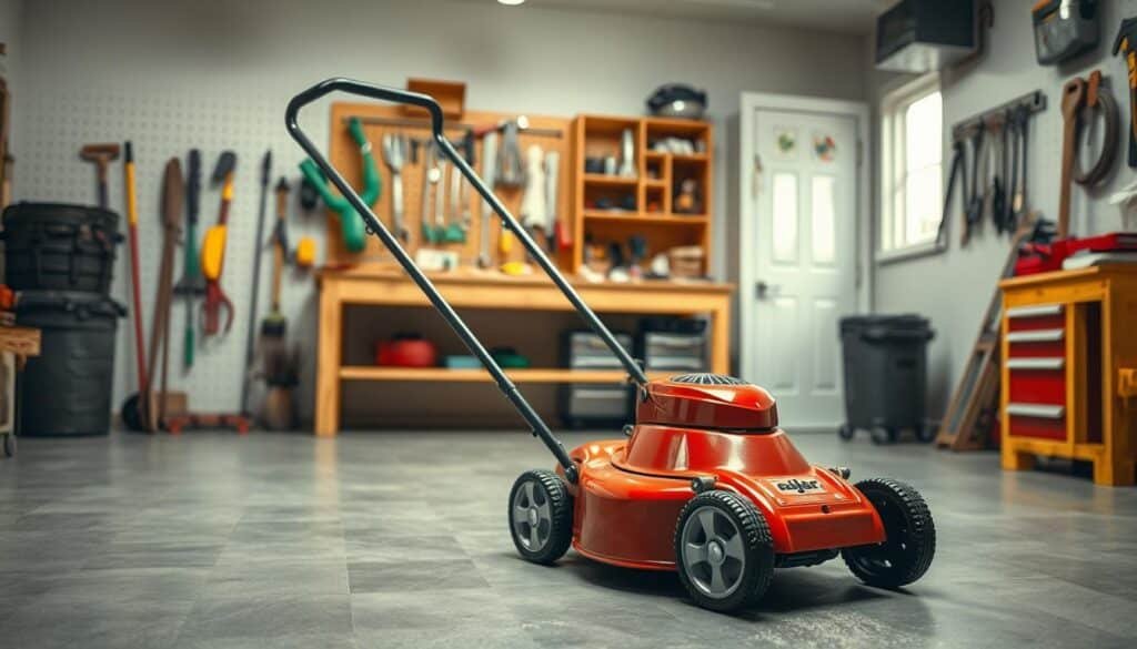 A well-lit, photorealistic scene depicting a neatly organized garage or workshop. In the foreground, a clean and well-maintained push lawn mower stands out, its bright red chassis and shiny chrome accents gleaming under the soft, even lighting. The mower is positioned prominently, inviting the viewer to examine its pristine condition. In the middle ground, a wooden workbench or shelving unit displays various gardening tools and accessories, hinting at the owner's attention to detail and care for their outdoor equipment. The background subtly suggests an organized, tidy space, with pegboards, toolboxes, or other storage solutions visible, creating a sense of a well-equipped and functional workspace. The overall atmosphere conveys a feeling of pride, order, and the opportunity to pass on a valuable, working lawn mower to a new owner. A well-lit, photorealistic scene depicting a neatly organized garage or workshop. In the foreground, a clean and well-maintained push lawn mower stands out, its bright red chassis and shiny chrome accents gleaming under the soft, even lighting. The mower is positioned prominently, inviting the viewer to examine its pristine condition. In the middle ground, a wooden workbench or shelving unit displays various gardening tools and accessories, hinting at the owner's attention to detail and care for their outdoor equipment. The background subtly suggests an organized, tidy space, with pegboards, toolboxes, or other storage solutions visible, creating a sense of a well-equipped and functional workspace. The overall atmosphere conveys a feeling of pride, order, and the opportunity to pass on a valuable, working lawn mower to a new owner.