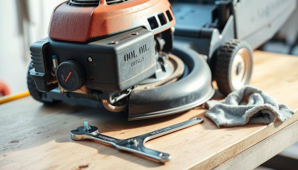A well-lit workbench, with a lawn mower engine resting on it. The engine's oil dipstick is pulled out, revealing the current oil level. A wrench and some rags are placed nearby, suggesting the process of checking and potentially refilling the oil. The background is slightly blurred, focusing the viewer's attention on the engine and the maintenance task at hand. The lighting is soft and natural, creating a calm, informative atmosphere suitable for an instructional article on lawn mower oil maintenance. A well-lit workbench, with a lawn mower engine resting on it. The engine's oil dipstick is pulled out, revealing the current oil level. A wrench and some rags are placed nearby, suggesting the process of checking and potentially refilling the oil. The background is slightly blurred, focusing the viewer's attention on the engine and the maintenance task at hand. The lighting is soft and natural, creating a calm, informative atmosphere suitable for an instructional article on lawn mower oil maintenance.