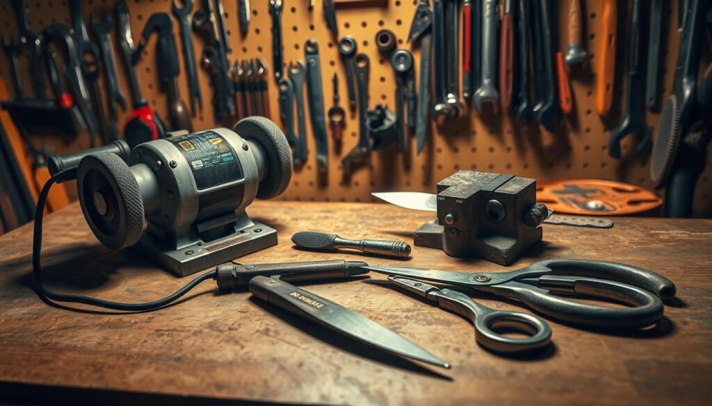A well-lit workshop table showcases an array of tools for sharpening a lawn mower blade. In the foreground, a bench grinder with a fine-grit grinding wheel stands ready, its power cord snaking across the tabletop. Beside it, a metal file and a pair of sturdy, sharp-edged shears lie neatly arranged, ready to hone the blade's edges. In the middle ground, a steel vise grips the blade firmly, allowing for precise, controlled sharpening. The background features a pegboard with various wrenches, screwdrivers, and other essential lawn mower maintenance tools, creating a sense of a well-equipped workspace. Warm, directional lighting casts gentle shadows, emphasizing the textural details of the metal tools and the crisp, clean surfaces of the table. A well-lit workshop table showcases an array of tools for sharpening a lawn mower blade. In the foreground, a bench grinder with a fine-grit grinding wheel stands ready, its power cord snaking across the tabletop. Beside it, a metal file and a pair of sturdy, sharp-edged shears lie neatly arranged, ready to hone the blade's edges. In the middle ground, a steel vise grips the blade firmly, allowing for precise, controlled sharpening. The background features a pegboard with various wrenches, screwdrivers, and other essential lawn mower maintenance tools, creating a sense of a well-equipped workspace. Warm, directional lighting casts gentle shadows, emphasizing the textural details of the metal tools and the crisp, clean surfaces of the table.