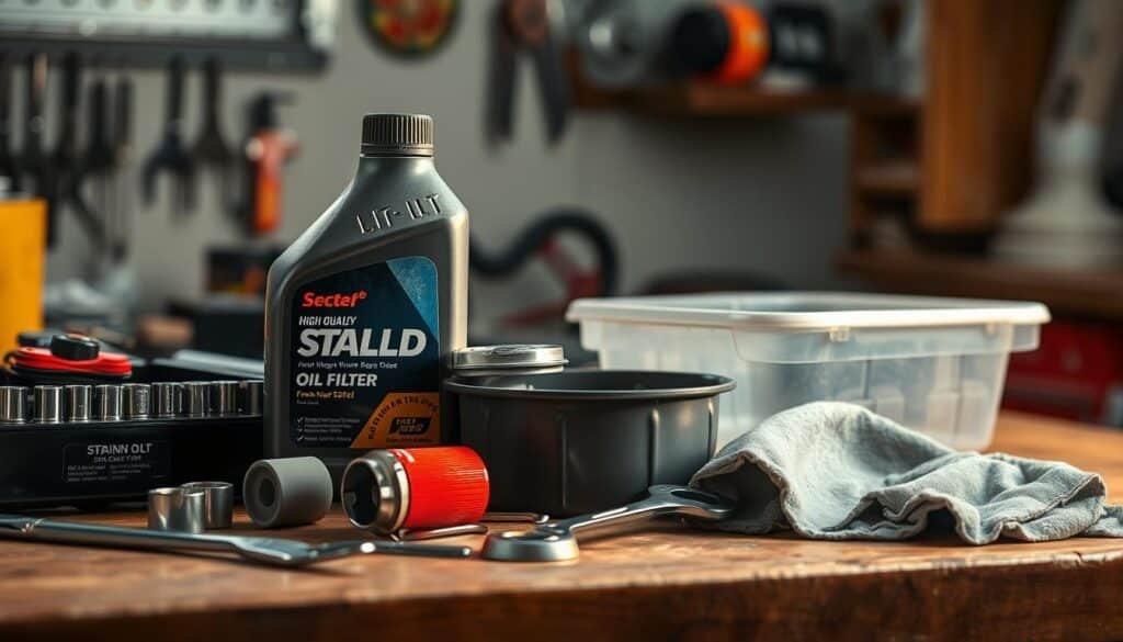 A well-lit workshop table showcasing an array of lawn mower maintenance tools, including a bottle of high-quality engine oil, a fresh oil filter, a socket wrench set, a drain pan, and a shop rag. The tools are arranged in an organized, visually appealing manner, conveying a sense of expertise and attention to detail. The lighting casts a warm, inviting glow, highlighting the textures and materials of the various implements. The background is slightly blurred, keeping the focus on the foreground elements and creating a clean, professional look suitable for illustrating a step-by-step oil change guide. A well-lit workshop table showcasing an array of lawn mower maintenance tools, including a bottle of high-quality engine oil, a fresh oil filter, a socket wrench set, a drain pan, and a shop rag. The tools are arranged in an organized, visually appealing manner, conveying a sense of expertise and attention to detail. The lighting casts a warm, inviting glow, highlighting the textures and materials of the various implements. The background is slightly blurred, keeping the focus on the foreground elements and creating a clean, professional look suitable for illustrating a step-by-step oil change guide.
