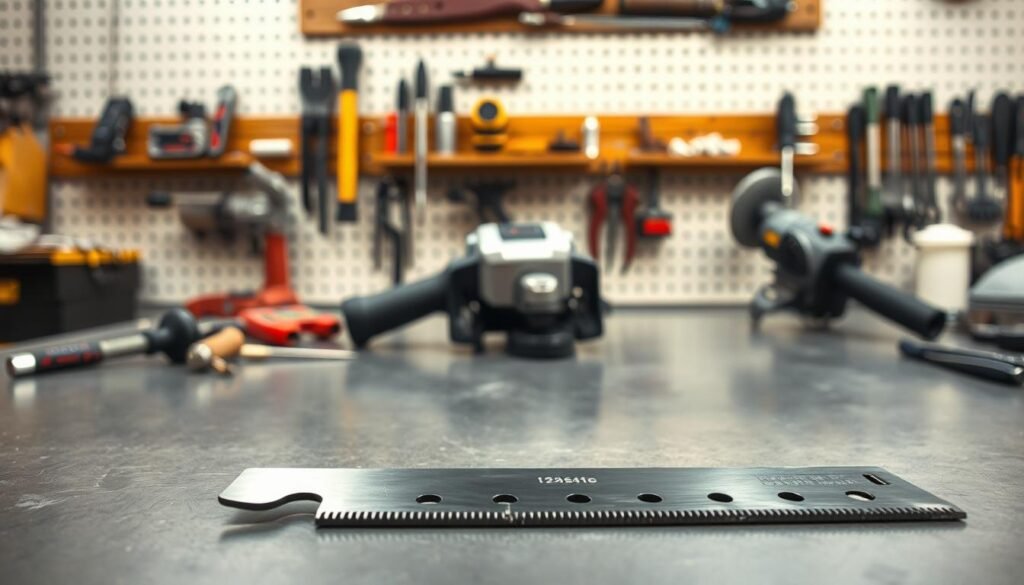A well-lit workshop table with a sharp lawnmower blade in the foreground, positioned prominently. The blade should be freshly sharpened, with a gleaming metal surface and a razor-sharp edge. In the middle ground, various sharpening tools and a cordless grinder are arranged neatly, suggesting the process of blade maintenance. The background should feature a neatly organized tool rack, conveying a sense of precision and efficiency. The overall scene should have a clean, professional atmosphere, emphasizing the importance of properly maintaining mower blades for optimal lawn care performance. A well-lit workshop table with a sharp lawnmower blade in the foreground, positioned prominently. The blade should be freshly sharpened, with a gleaming metal surface and a razor-sharp edge. In the middle ground, various sharpening tools and a cordless grinder are arranged neatly, suggesting the process of blade maintenance. The background should feature a neatly organized tool rack, conveying a sense of precision and efficiency. The overall scene should have a clean, professional atmosphere, emphasizing the importance of properly maintaining mower blades for optimal lawn care performance.