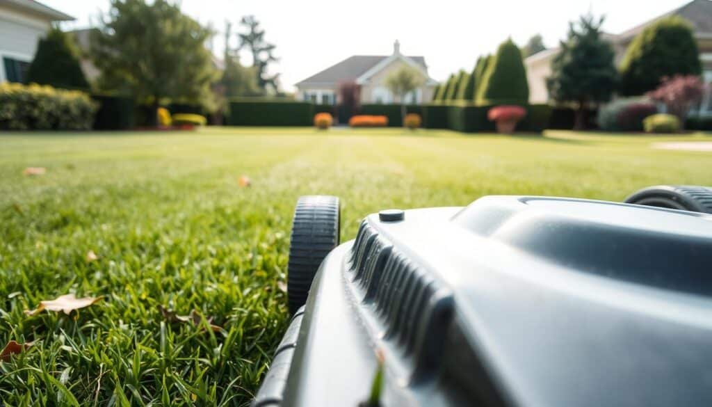 A well-maintained lawn mower on a freshly mowed, lush green lawn. In the foreground, a close-up view of the mower's deck, with the blades clearly visible and sharp. The middle ground shows the mower's wheels, neatly trimmed grass, and a few scattered fallen leaves. In the background, a picturesque suburban landscape with neatly manicured trees and shrubs. The lighting is soft and natural, creating a serene, well-kept atmosphere. The angle is slightly elevated, giving a sense of careful attention to detail and maintenance. The image conveys the importance of proper lawn mower care and operation to prevent damage to both the lawn and the equipment. A well-maintained lawn mower on a freshly mowed, lush green lawn. In the foreground, a close-up view of the mower's deck, with the blades clearly visible and sharp. The middle ground shows the mower's wheels, neatly trimmed grass, and a few scattered fallen leaves. In the background, a picturesque suburban landscape with neatly manicured trees and shrubs. The lighting is soft and natural, creating a serene, well-kept atmosphere. The angle is slightly elevated, giving a sense of careful attention to detail and maintenance. The image conveys the importance of proper lawn mower care and operation to prevent damage to both the lawn and the equipment.