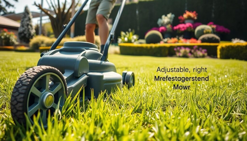 A well-manicured lawn, the sunlight filtering through lush greenery. In the foreground, a sturdy mower with sharp blades, its wheels rolling smoothly over the freshly cut grass. The mower's adjustable cutting height mechanism is the focal point, showcasing the ability to precisely control the length of the lawn. In the middle ground, a gardener in casual attire, guiding the mower with confident strokes, ensuring an even, meticulous trim. The background reveals a picturesque garden, with vibrant flowers and neatly trimmed hedges, creating a harmonious and inviting scene. The image conveys a sense of care, attention to detail, and the importance of properly preparing a new lawn for its first mow. A well-manicured lawn, the sunlight filtering through lush greenery. In the foreground, a sturdy mower with sharp blades, its wheels rolling smoothly over the freshly cut grass. The mower's adjustable cutting height mechanism is the focal point, showcasing the ability to precisely control the length of the lawn. In the middle ground, a gardener in casual attire, guiding the mower with confident strokes, ensuring an even, meticulous trim. The background reveals a picturesque garden, with vibrant flowers and neatly trimmed hedges, creating a harmonious and inviting scene. The image conveys a sense of care, attention to detail, and the importance of properly preparing a new lawn for its first mow.