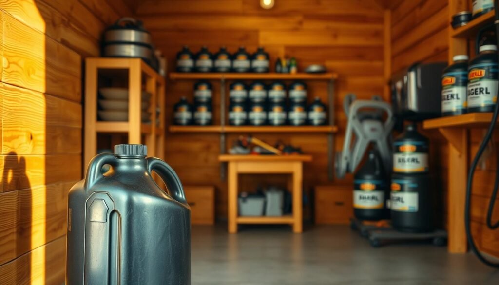 A well-organized storage area for lawn mower fuel, illuminated by warm, natural lighting. In the foreground, a sturdy metal fuel can stands upright, its contents secured with a tight-fitting cap. Behind it, a series of neatly stacked cans are arranged on wooden shelves, their labels visible. The middle ground features a small work table, clean and free of clutter, ready to accommodate any necessary fuel-related maintenance tasks. In the background, the space is framed by the warm tones of wooden walls, creating a sense of order and organization. The overall atmosphere conveys a professional, yet homely, approach to responsible fuel storage and handling.