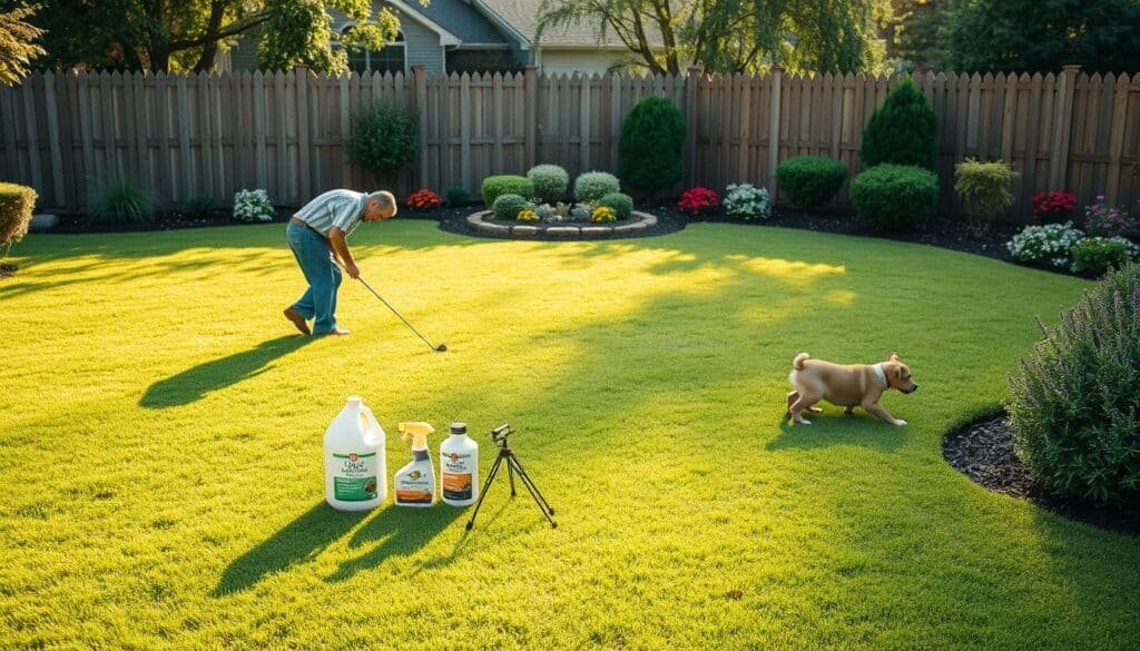 An expansive backyard with lush, neatly trimmed grass. In the foreground, a person meticulously inspecting the lawn, searching for signs of tick activity. Nearby, a variety of organic pest control products and tools are strategically placed. The midground features well-maintained flower beds and shrubs, creating a visually appealing and tick-resistant landscape. In the background, a wooden fence borders the property, casting warm, natural lighting across the scene. The overall atmosphere conveys a sense of diligence, environmental consciousness, and a proactive approach to comprehensive yard maintenance for effective tick control. An expansive backyard with lush, neatly trimmed grass. In the foreground, a person meticulously inspecting the lawn, searching for signs of tick activity. Nearby, a variety of organic pest control products and tools are strategically placed. The midground features well-maintained flower beds and shrubs, creating a visually appealing and tick-resistant landscape. In the background, a wooden fence borders the property, casting warm, natural lighting across the scene. The overall atmosphere conveys a sense of diligence, environmental consciousness, and a proactive approach to comprehensive yard maintenance for effective tick control.