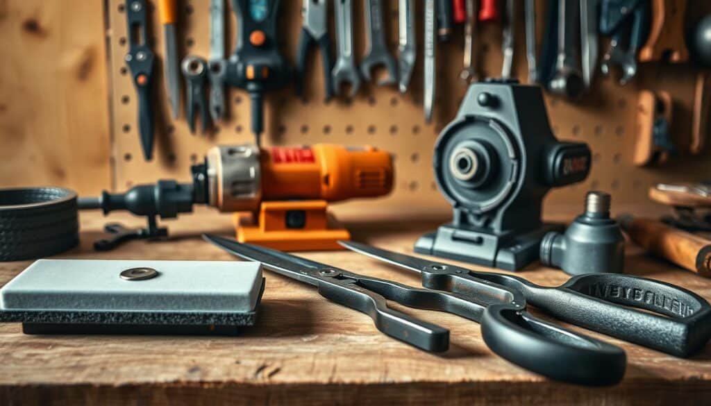 Crisp, well-lit image of a collection of mower blade sharpening tools arranged neatly on a wooden workbench. In the foreground, a high-quality sharpening stone, a pair of sturdy metal shears, and a specialized blade balancer. In the middle ground, a cordless angle grinder and a bench vise to securely hold the mower blade. In the background, a pegboard with various other tools like a file, a wrench, and a screwdriver, conveying a sense of a well-equipped workshop. The image should have a clean, professional, and informative atmosphere, reflecting the technical nature of the subject matter. Crisp, well-lit image of a collection of mower blade sharpening tools arranged neatly on a wooden workbench. In the foreground, a high-quality sharpening stone, a pair of sturdy metal shears, and a specialized blade balancer. In the middle ground, a cordless angle grinder and a bench vise to securely hold the mower blade. In the background, a pegboard with various other tools like a file, a wrench, and a screwdriver, conveying a sense of a well-equipped workshop. The image should have a clean, professional, and informative atmosphere, reflecting the technical nature of the subject matter.