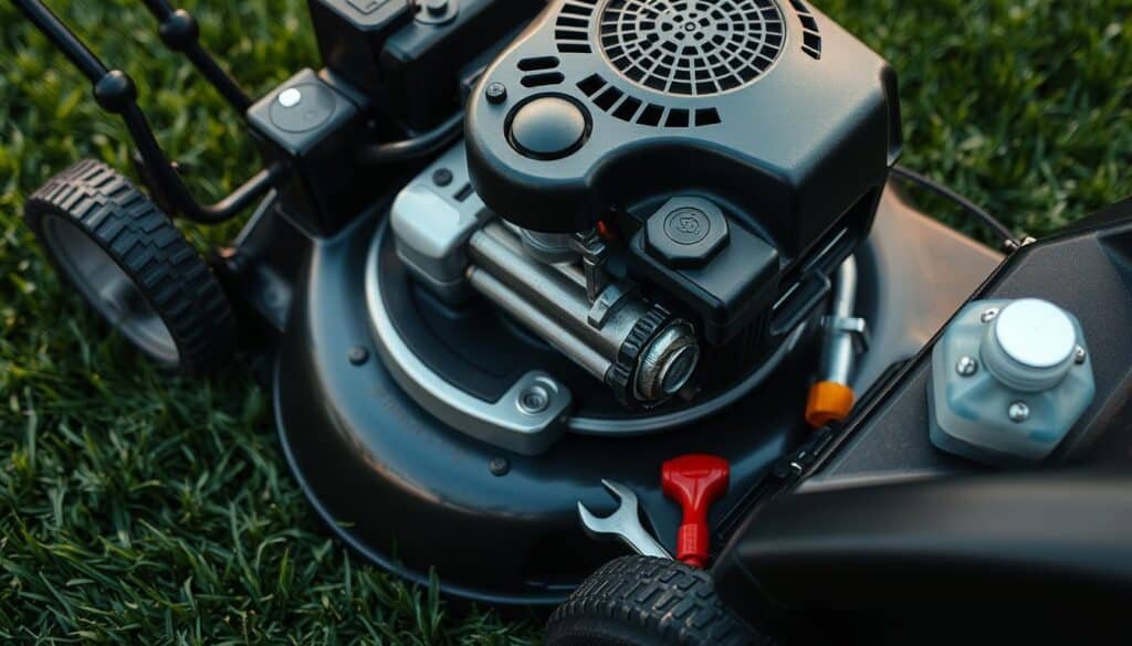Detailed close-up of a well-maintained lawn mower, positioned on a neatly trimmed grass lawn. The mower's engine and components are prominently displayed, with focused lighting highlighting intricate details such as the air filter, spark plug, and oil dipstick. A set of common maintenance tools, including a wrench, screwdriver, and oil container, are arranged neatly around the mower, conveying a sense of organized, methodical upkeep. The scene exudes a serene, informative atmosphere, encouraging the viewer to explore the essential steps for ensuring the optimal performance and longevity of their push mower. Detailed close-up of a well-maintained lawn mower, positioned on a neatly trimmed grass lawn. The mower's engine and components are prominently displayed, with focused lighting highlighting intricate details such as the air filter, spark plug, and oil dipstick. A set of common maintenance tools, including a wrench, screwdriver, and oil container, are arranged neatly around the mower, conveying a sense of organized, methodical upkeep. The scene exudes a serene, informative atmosphere, encouraging the viewer to explore the essential steps for ensuring the optimal performance and longevity of their push mower.