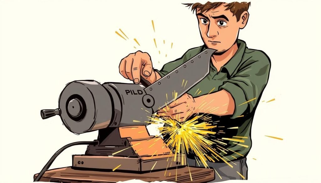 Image of a bench grinder being used to sharpen a lawn mower blade Image of a bench grinder being used to sharpen a lawn mower blade
