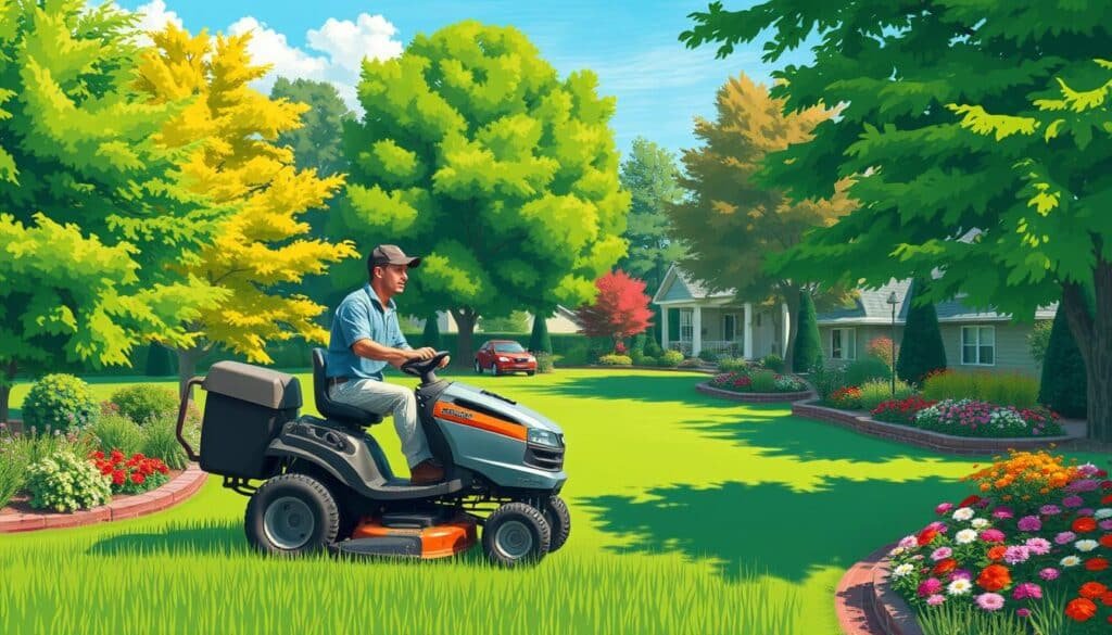 Image of a landscaper mowing a 2-acre lawn Image of a landscaper mowing a 2-acre lawn