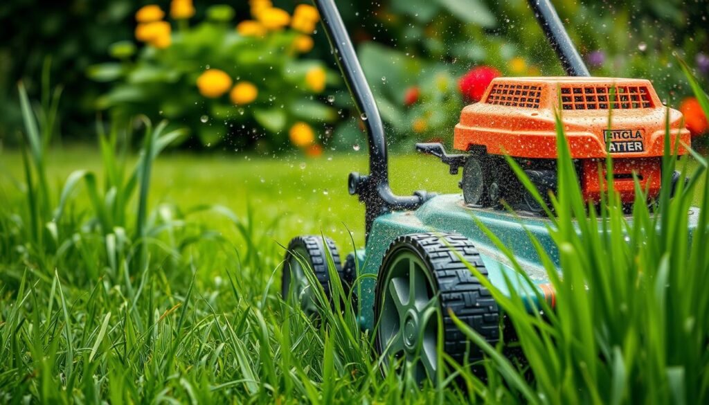 Image of a lawn mower mowing wet grass Image of a lawn mower mowing wet grass