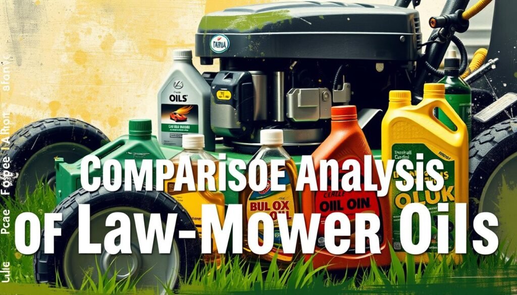 Image of a lawn mower with a caption: "Lawn Mower Oil Comparison"