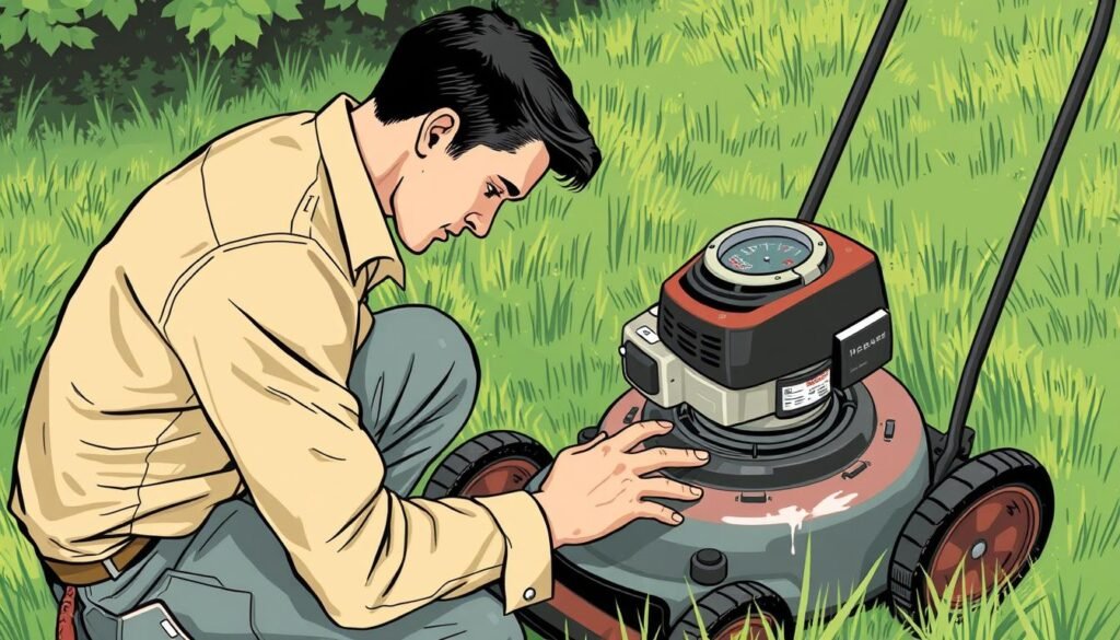 Image of a person checking the oil level in a push mower Image of a person checking the oil level in a push mower
