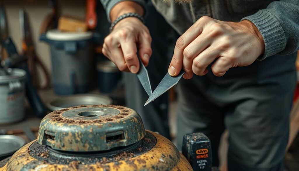 Image of a person using a file to sharpen a lawn mower blade Image of a person using a file to sharpen a lawn mower blade