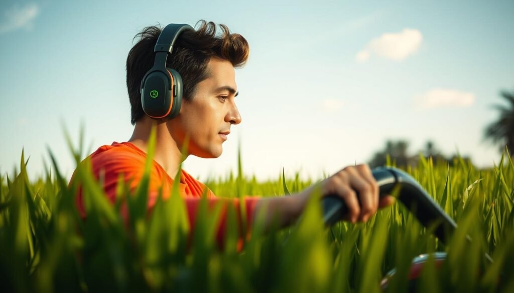 Image of a person wearing noise-canceling earmuffs with Bluetooth while mowing the lawn Image of a person wearing noise-canceling earmuffs with Bluetooth while mowing the lawn