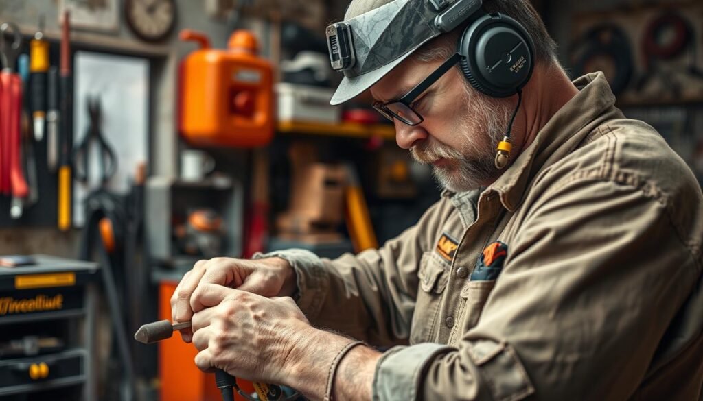 Image of a professional sharpening a lawn mower blade Image of a professional sharpening a lawn mower blade