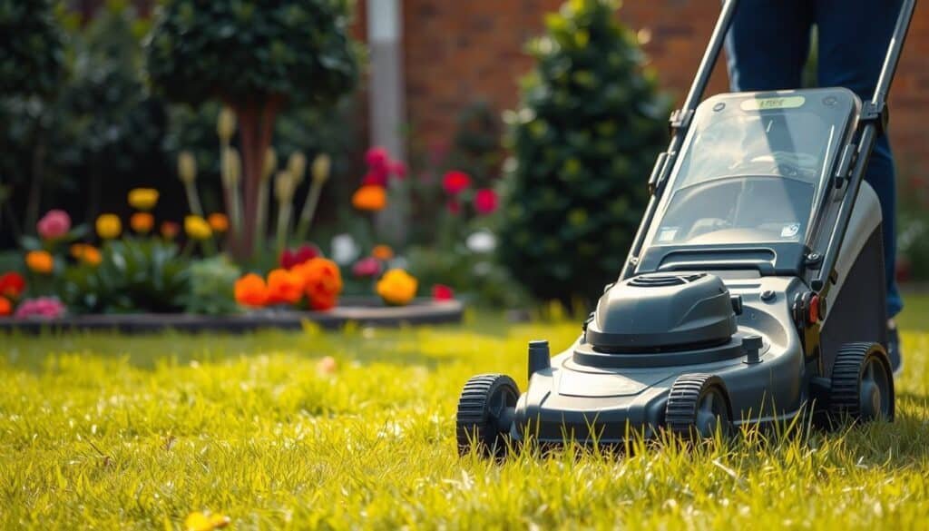 Image of a quiet electric lawn mower in operation Image of a quiet electric lawn mower in operation