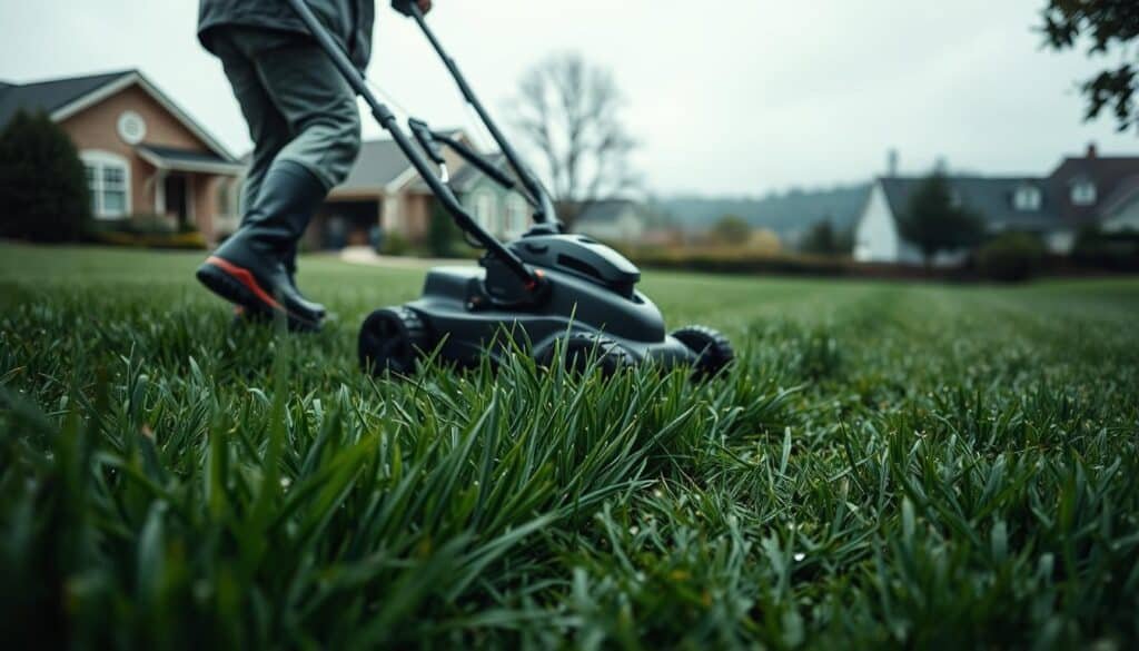 Mowing a well-manicured lawn on an overcast, drizzly day. In the foreground, a person in a rain jacket and boots pushes a modern, battery-powered lawn mower, leaving behind a trail of freshly cut, damp grass. The middle ground features lush, verdant blades glistening with water droplets, while the background reveals a scenic view of a tranquil suburban neighborhood. Soft, diffused lighting creates a calming, atmospheric ambiance, and the camera angle captures the scene from a low, ground-level perspective to emphasize the sensory experience of mowing in moist conditions. Mowing a well-manicured lawn on an overcast, drizzly day. In the foreground, a person in a rain jacket and boots pushes a modern, battery-powered lawn mower, leaving behind a trail of freshly cut, damp grass. The middle ground features lush, verdant blades glistening with water droplets, while the background reveals a scenic view of a tranquil suburban neighborhood. Soft, diffused lighting creates a calming, atmospheric ambiance, and the camera angle captures the scene from a low, ground-level perspective to emphasize the sensory experience of mowing in moist conditions.