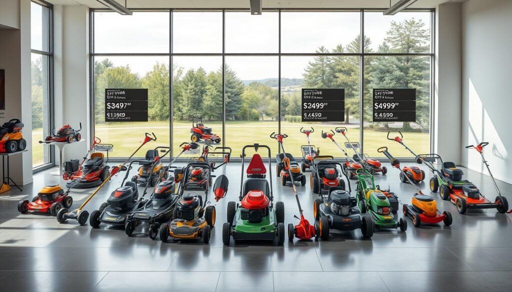 Outdoor power equipment pricing and warranty information: A well-lit, high-resolution image showcasing an array of lawn mowers, trimmers, and other outdoor power tools displayed on a sleek, minimalist showroom floor. The equipment is arranged in a grid-like layout, with each item clearly labeled with its price and warranty details. The background features a serene, natural landscape visible through large windows, creating a sense of tranquility and connection to the outdoors. The lighting is soft and diffused, highlighting the clean lines and professional aesthetics of the power tools. The overall mood is one of informative, high-quality presentation, inviting the viewer to explore the product features and make an informed purchasing decision. Outdoor power equipment pricing and warranty information: A well-lit, high-resolution image showcasing an array of lawn mowers, trimmers, and other outdoor power tools displayed on a sleek, minimalist showroom floor. The equipment is arranged in a grid-like layout, with each item clearly labeled with its price and warranty details. The background features a serene, natural landscape visible through large windows, creating a sense of tranquility and connection to the outdoors. The lighting is soft and diffused, highlighting the clean lines and professional aesthetics of the power tools. The overall mood is one of informative, high-quality presentation, inviting the viewer to explore the product features and make an informed purchasing decision.