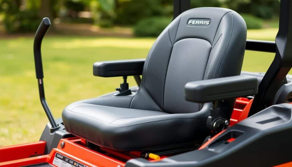a well-designed, high-quality suspension seat for a riding lawn mower, photographed with a crisp, clear focus and natural lighting from the side. The seat features a contoured, cushioned design for optimal comfort and support, with a subtle yet stylish graphite grey or black leather upholstery. The suspension system is prominently visible, showcasing the advanced engineering that provides a smooth, responsive ride even on uneven terrain. The image captures the attention-grabbing details that distinguish the Ferris mower's superior ergonomics and comfort, inviting the viewer to envision the pleasure of operating this premium machine.