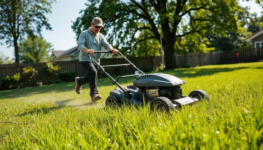 A bright, sunny day in a lush, green backyard. In the foreground, a person carefully navigates a lawn mower through the wet grass, their face shielded by safety goggles and a hat. The mower's blades spin swiftly, kicking up a light mist. In the middle ground, power cords snake across the ground, highlighting the need for caution. The background features a well-maintained fence and towering trees, casting gentle shadows that dapple the scene. The overall mood conveys a sense of safety, responsibility, and attention to detail when mowing a wet lawn. A bright, sunny day in a lush, green backyard. In the foreground, a person carefully navigates a lawn mower through the wet grass, their face shielded by safety goggles and a hat. The mower's blades spin swiftly, kicking up a light mist. In the middle ground, power cords snake across the ground, highlighting the need for caution. The background features a well-maintained fence and towering trees, casting gentle shadows that dapple the scene. The overall mood conveys a sense of safety, responsibility, and attention to detail when mowing a wet lawn.