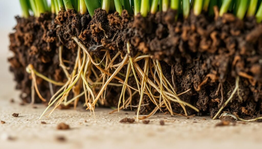 A close-up photograph of a sod root test, showcasing the intricate underground network of grass roots. The image is captured with a macro lens, providing a detailed and magnified view of the soil-embedded roots, their density, and the degree of establishment. The lighting is soft and even, highlighting the delicate structures and textures of the roots. The background is a neutral, uncluttered surface, allowing the subject to be the focal point. The overall composition emphasizes the importance of assessing sod root development to determine the optimal mowing time, as part of the article's "Assessing Sod Establishment: Tips to Check Root Development" section. A close-up photograph of a sod root test, showcasing the intricate underground network of grass roots. The image is captured with a macro lens, providing a detailed and magnified view of the soil-embedded roots, their density, and the degree of establishment. The lighting is soft and even, highlighting the delicate structures and textures of the roots. The background is a neutral, uncluttered surface, allowing the subject to be the focal point. The overall composition emphasizes the importance of assessing sod root development to determine the optimal mowing time, as part of the article's "Assessing Sod Establishment: Tips to Check Root Development" section.