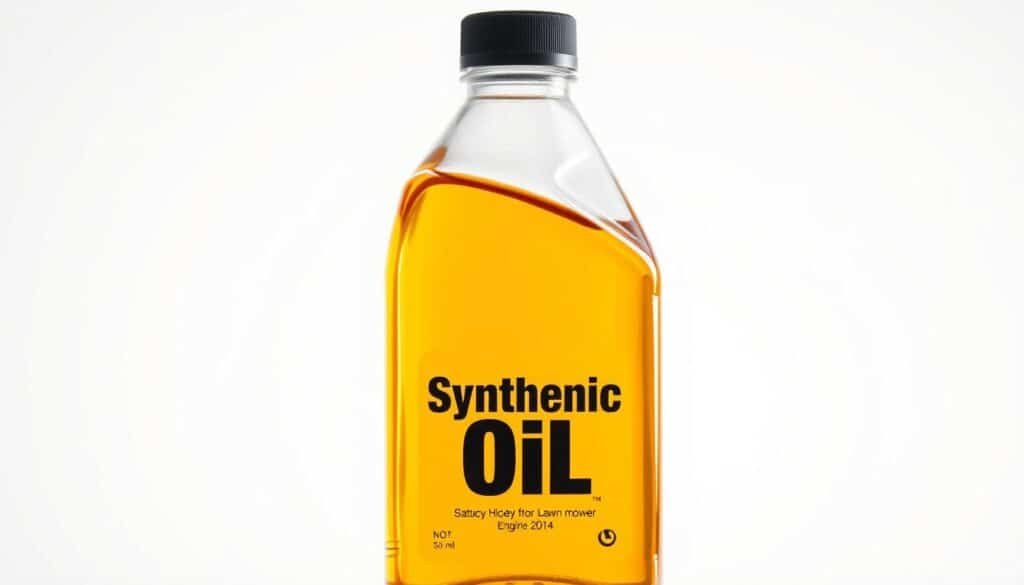 A close-up shot of a clear glass bottle filled with golden-hued synthetic motor oil, set against a plain white background. The bottle's label prominently displays the words "Synthetic Oil" in bold text, indicating the high-quality lubricant suitable for use in a lawn mower engine. The lighting is soft and diffuse, casting a warm glow on the bottle and highlighting the viscous, honey-like texture of the oil. The composition places the bottle in the center, with the focus on the contents and label, conveying the importance of using the right type of oil for optimal lawn mower performance and longevity. A close-up shot of a clear glass bottle filled with golden-hued synthetic motor oil, set against a plain white background. The bottle's label prominently displays the words "Synthetic Oil" in bold text, indicating the high-quality lubricant suitable for use in a lawn mower engine. The lighting is soft and diffuse, casting a warm glow on the bottle and highlighting the viscous, honey-like texture of the oil. The composition places the bottle in the center, with the focus on the contents and label, conveying the importance of using the right type of oil for optimal lawn mower performance and longevity.