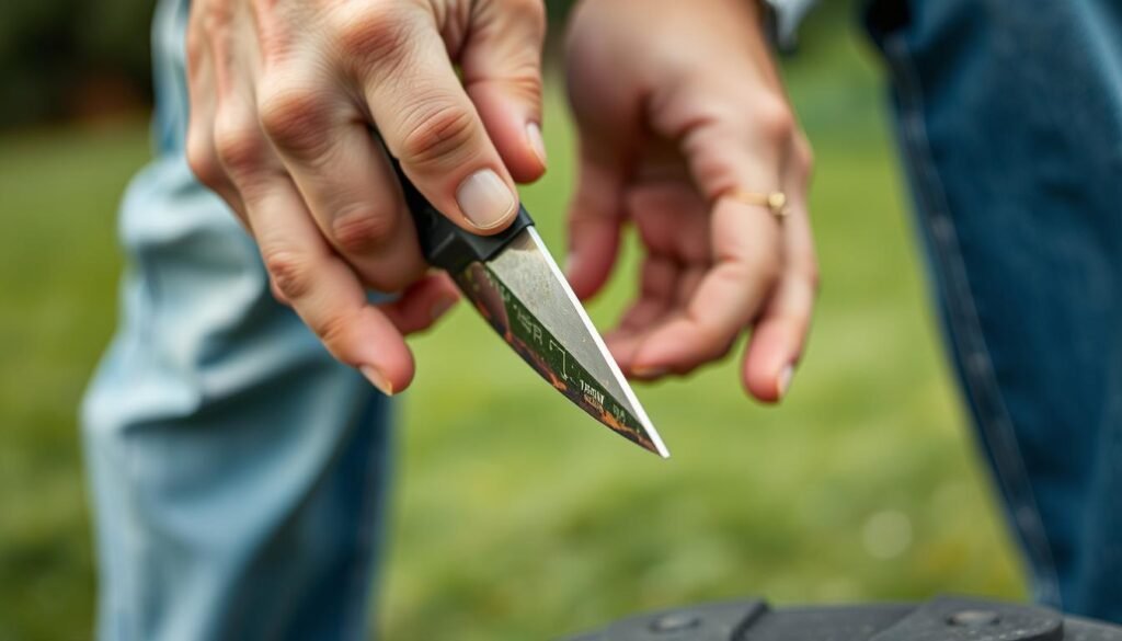 A close-up shot of a man's hands carefully inspecting the sharpness of a lawn mower blade. The blade is held at a slight angle, allowing the light to highlight its edges and reveal any signs of wear or dullness. The background is blurred, keeping the focus on the blade and the evaluation process. The image conveys a sense of careful examination and attention to detail, reflecting the need to ensure the blade is in optimal condition for an efficient and effective lawn mowing experience. A close-up shot of a man's hands carefully inspecting the sharpness of a lawn mower blade. The blade is held at a slight angle, allowing the light to highlight its edges and reveal any signs of wear or dullness. The background is blurred, keeping the focus on the blade and the evaluation process. The image conveys a sense of careful examination and attention to detail, reflecting the need to ensure the blade is in optimal condition for an efficient and effective lawn mowing experience.