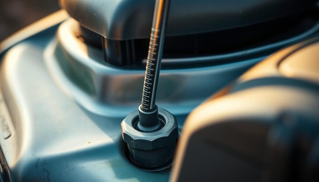 A close-up shot of a metal dipstick being inserted into the oil fill tube of a lawn mower engine, the dipstick's measurement markings clearly visible. The lighting is warm and natural, casting a soft glow on the matte black dipstick and the mower's muted green and silver tones. The background is blurred, keeping the focus squarely on the dipstick and the oil level reading, conveying a sense of precision and attention to detail essential for properly maintaining a lawn mower. A close-up shot of a metal dipstick being inserted into the oil fill tube of a lawn mower engine, the dipstick's measurement markings clearly visible. The lighting is warm and natural, casting a soft glow on the matte black dipstick and the mower's muted green and silver tones. The background is blurred, keeping the focus squarely on the dipstick and the oil level reading, conveying a sense of precision and attention to detail essential for properly maintaining a lawn mower.