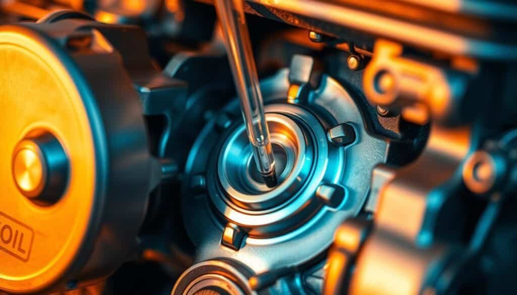 A close-up shot of a small engine, its metal components gleaming under warm, directional lighting. The crankcase cover is partially disassembled, revealing the intricate inner workings - gears, connecting rods, and the oil sump. The focus is on the oil level, with a dipstick positioned prominently, highlighting the delicate balance required to optimize engine performance. The background is blurred, emphasizing the technical details in the foreground. An overall sense of precision, efficiency, and the importance of proper maintenance is conveyed through the careful composition and lighting. A close-up shot of a small engine, its metal components gleaming under warm, directional lighting. The crankcase cover is partially disassembled, revealing the intricate inner workings - gears, connecting rods, and the oil sump. The focus is on the oil level, with a dipstick positioned prominently, highlighting the delicate balance required to optimize engine performance. The background is blurred, emphasizing the technical details in the foreground. An overall sense of precision, efficiency, and the importance of proper maintenance is conveyed through the careful composition and lighting.