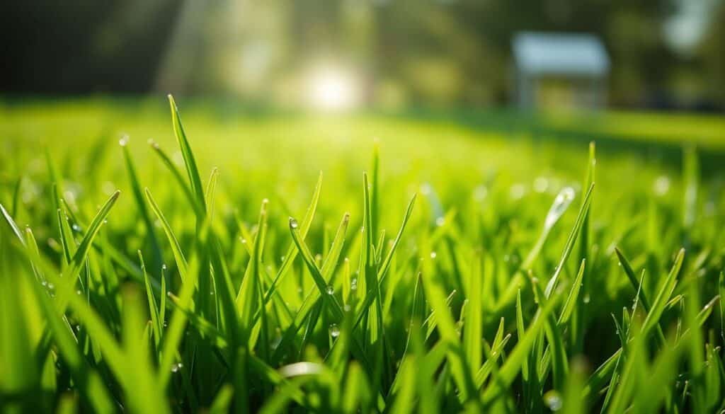A close-up shot of freshly mowed wet grass, with individual blades glistening with water droplets. The lush, emerald-green lawn fills the frame, showcasing the delicate tips that have been carefully trimmed. Sunlight filters through the atmosphere, casting a soft, diffused glow and creating a sense of tranquility. The scene is captured from a low angle, emphasizing the texture and vibrancy of the grass. The depth of field is shallow, drawing the viewer's attention to the foreground while blurring the background for a dreamlike, artistic feel. A close-up shot of freshly mowed wet grass, with individual blades glistening with water droplets. The lush, emerald-green lawn fills the frame, showcasing the delicate tips that have been carefully trimmed. Sunlight filters through the atmosphere, casting a soft, diffused glow and creating a sense of tranquility. The scene is captured from a low angle, emphasizing the texture and vibrancy of the grass. The depth of field is shallow, drawing the viewer's attention to the foreground while blurring the background for a dreamlike, artistic feel.