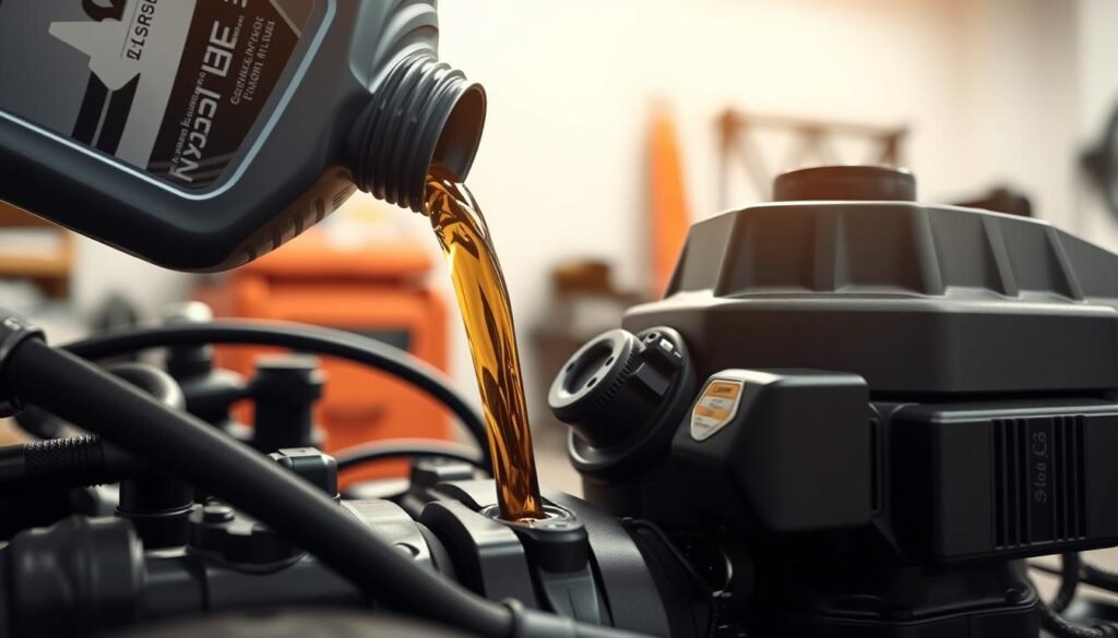A close-up view of a car engine oil bottle being poured into the oil fill port of a lawn mower engine, set against a clean, well-lit workshop backdrop. The engine components and oil flow are captured in crisp, highly detailed photorealistic rendering, emphasizing the compatibility and interchangeability between the two fluids. The lighting is soft and even, creating a sense of clarity and technical precision. The composition is balanced, with the focal point being the point of oil transfer, surrounded by the necessary context to convey the subject matter effectively. A close-up view of a car engine oil bottle being poured into the oil fill port of a lawn mower engine, set against a clean, well-lit workshop backdrop. The engine components and oil flow are captured in crisp, highly detailed photorealistic rendering, emphasizing the compatibility and interchangeability between the two fluids. The lighting is soft and even, creating a sense of clarity and technical precision. The composition is balanced, with the focal point being the point of oil transfer, surrounded by the necessary context to convey the subject matter effectively.