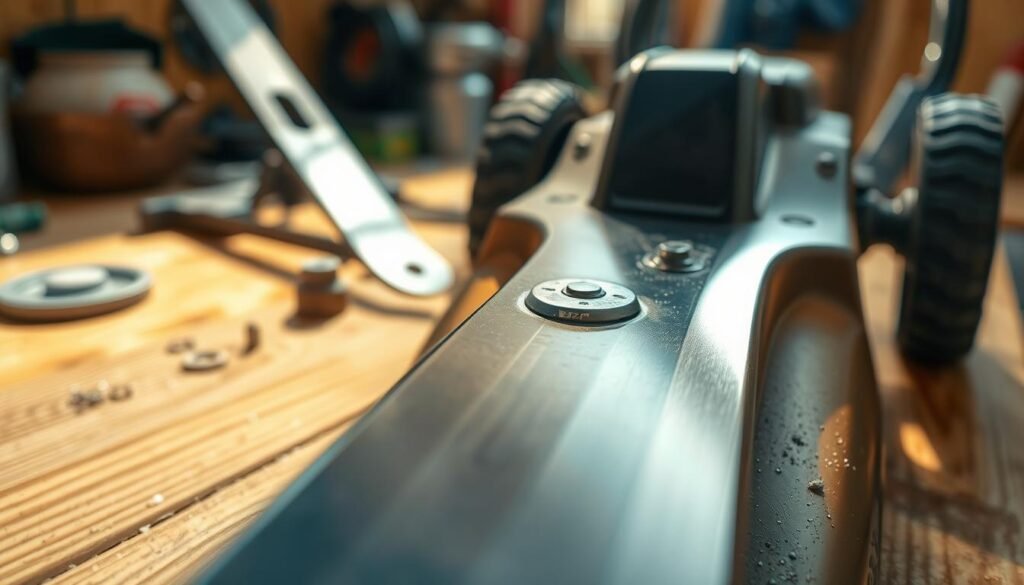 A close-up view of a freshly sharpened lawn mower blade, its gleaming steel edge catching the warm, natural light. The blade is positioned on a clean, wooden workbench, surrounded by tools and spare parts, hinting at the process of routine maintenance. The image conveys a sense of care and attention to detail, reflecting the importance of maintaining the critical components of a push mower to ensure its longevity. A close-up view of a freshly sharpened lawn mower blade, its gleaming steel edge catching the warm, natural light. The blade is positioned on a clean, wooden workbench, surrounded by tools and spare parts, hinting at the process of routine maintenance. The image conveys a sense of care and attention to detail, reflecting the importance of maintaining the critical components of a push mower to ensure its longevity.
