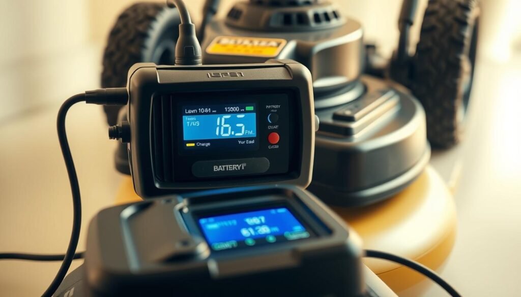 A close-up view of a lawn mower battery charger connected to a battery, set against a clean, well-lit background. The charger displays a digital readout showing the battery's charge level and the estimated time remaining until the battery is fully charged. The lighting is soft and diffused, creating a warm, inviting atmosphere. The composition emphasizes the technical details of the charging process, making it clear and easy to understand for the viewer. A close-up view of a lawn mower battery charger connected to a battery, set against a clean, well-lit background. The charger displays a digital readout showing the battery's charge level and the estimated time remaining until the battery is fully charged. The lighting is soft and diffused, creating a warm, inviting atmosphere. The composition emphasizes the technical details of the charging process, making it clear and easy to understand for the viewer.